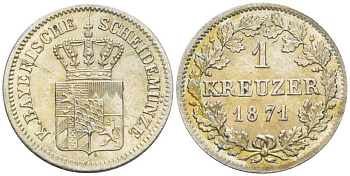 Бавария 1 крейцер 1871 Людвиг II (1864-1886) KM 487 серебро 201-1024