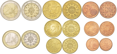 Португалия евронабор из 8 монет 2002 1, 2, 5, 10, 20, 50 евроцентов, 1 и 2 евро KM 210, 211, 212, 247, 248, 249, 250, 251 UNC N6-32