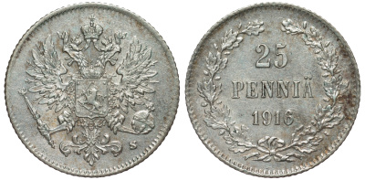 Россия для Финляндии 25 пенни 1916 S, Николай II (1894-1917) KM 6.2, Биткин 421 серебро 75-1337