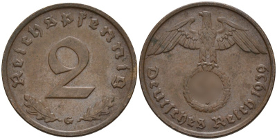 Германия 2 рейхспфеннига 1939 G KM 90, J. 362 бронза 4151-151