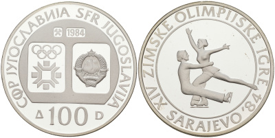 Югославия 100 динаров 1984 Зимние Олимпийские игры 1984 года в Сараево, парное фигурное катание KM 106 серебро PROOF 1087-10-34
