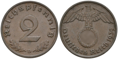 Германия 2 рейхспфеннига 1939 D KM 90, J. 362 бронза 4151-143