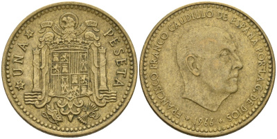 Испания 1 песета 1966 (74) Франсиско Франко (1939-1975) KM 796 алюминиевая бронза 4604-113