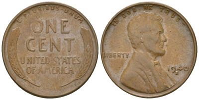 США 1 цент 1940 S (Сан-Франциско), Авраам Линкольн KM 132 бронза 4516-333