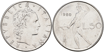 Италия 50 лир 1980 R, кузнец KM 95.1 сталь    4153-227