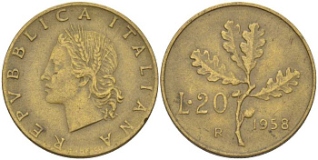 ИТАЛИЯ 20 ЛИР 1958 R, ДУБОВАЯ ВЕТВЬ KM 97.1 алюминиевая бронза 4390-1046