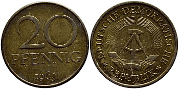 ГДР 20 пфеннигов 1969 А, первый год KM 11 латунь UNC 4398-814
