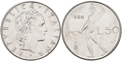 Италия 50 лир 1980 R, кузнец KM 95.1 сталь    4153-227