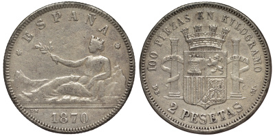 Испания 2 песеты 1870 (73) DE-M KM 654 серебро серебро 4566-642