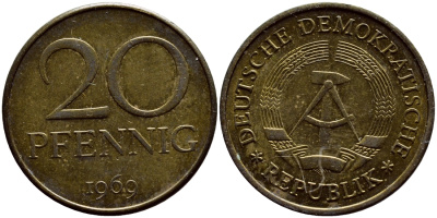 ГДР 20 пфеннигов 1969 А, первый год KM 11 латунь UNC 4398-814