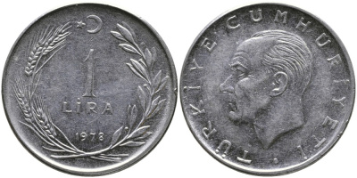 Турция 1 лира 1978 Мустафа Кемаль Ататюрк KM 889а.2 нержавеющая сталь 4541-532