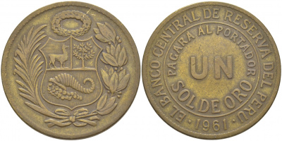 Перу 1 соль 1961 KM 222 латунь 118-1211