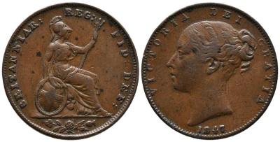 Великобритания 1 фартинг 1847 Виктория (1837-1901) KM 725, Spink 3950 медь  1518-1032