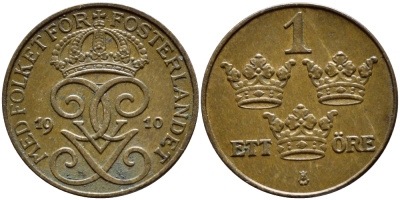 Швеция 1 эре 1910 Густав V (1907-1950) KM 777.2 бронза 4396-161