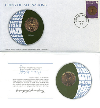 Гернси 2 пенса 1979 конверт с маркой первого дня гашения, Coins of Nations KM 28 бронза UNC 4294-13-3