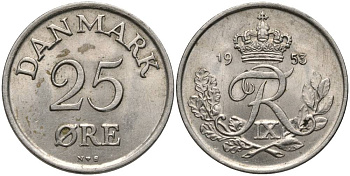 Дания 25 эре 1953 N; S, Фредерик IX (1947-1972) KM 842 медно-никель 27-444