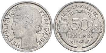 ФРАНЦИЯ 50 САНТИМОВ 1941 ТИП MORLON LOURDE KM 894.1a, LE FRANC 193.2 алюминий 44-156