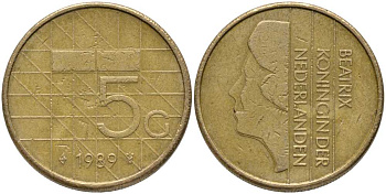 Нидерланды 5 гульденов 1989 Беатрикс (1980-2013) KM 210 никель плакированный бронзой 109-943