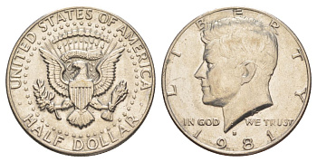 США 1/2 доллара (50 центов) 1981 D, Джон Кеннеди KM A202b медь плакированная медно-никелем aUNC 4367-235