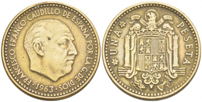 ИСПАНИЯ 1 ПЕСЕТА 1963 (66) ФРАНСИСКО ФРАНКО ДИКТАТОР ИСПАНИИ (1939-1975) KM 775 алюминиевая бронза 87-1437
