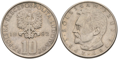Польша 10 злотых 1982 MW, Болеслав Прус KM 73 медно-никель    4150-522