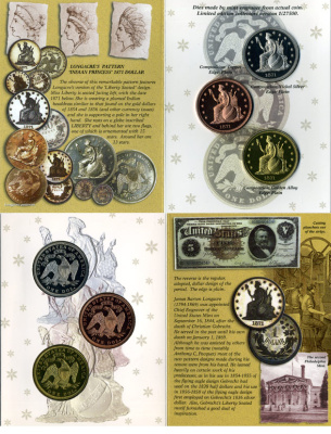 США набор из трех монет 1871 реплика серебрянного доллара, индийская принцесса, доморгановский типаж, в трех исполнениях, серебрение, позолота, медь, тираж 27500 экземпляров, в оригинальном картонном буклете    PROOF  1-6-4-67