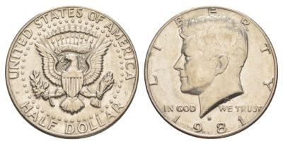 США 1/2 доллара (50 центов) 1981 D, Джон Кеннеди KM A202b медь плакированная медно-никелем aUNC 4367-235