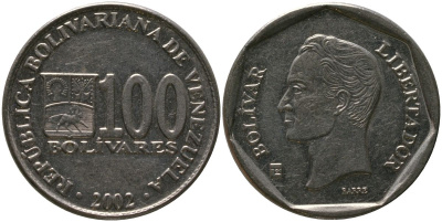 Венесуэла 100 боливаров 2002 KM 83, Schon 95 сталь плакированная никелем 4529-434