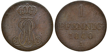 Ганновер 1 пфенниг 1840 A, Эрнст Август (1837-1851) KM 173.1, AKS 126, J. 54 медь 72-1037