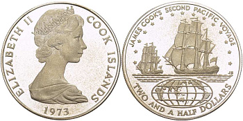 Острова Кука 2 1/2 доллара 1974 Джеймс Кук, второе путешествие, парусники KM 9 серебро PROOF 1085-7-22