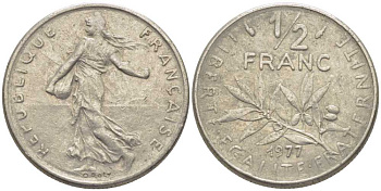 ФРАНЦИЯ 1/2 ФРАНКА 1977 СЕЯТЕЛЬ KM 931.1, LE FRANC 198.16 никель 175-953