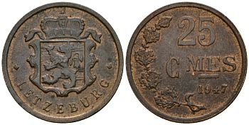 Люксембург 25 сантимов 1947 Шарлотта (1918-1964) KM 45 бронза 4532-749