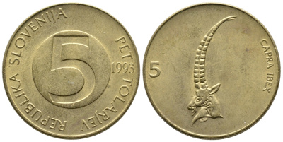 Словения 5 толаров 1993 ибекс, альпийский горный козел KM 6 латунь 4610-743