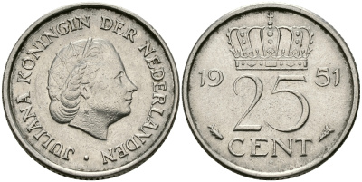 Нидерланды 25 центов 1951 Юлиана (1949-1980) KM 183 никель 96-126