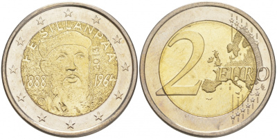 ФИНЛЯНДИЯ 2 ЕВРО 2013 125 ЛЕТ СО ДНЯ РОЖДЕНИЯ ФРАНСА ЭМИЛЯ СИЛЛАНЛЯЯ KM 193 биметалл UNC M38-9