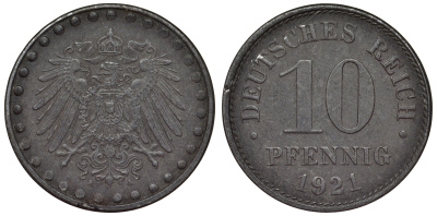 Германия 10 пфеннигов 1921 A KM 20, J. 298 железо 4119-247