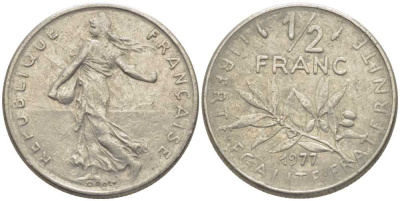 ФРАНЦИЯ 1/2 ФРАНКА 1977 СЕЯТЕЛЬ KM 931.1, LE FRANC 198.16 никель 175-953