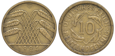 Германия 10 рентенпфеннигов 1924 G KM 33, J. 309 алюминиевая бронза 4604-652