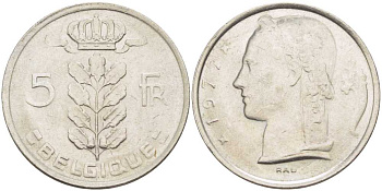 БЕЛЬГИЯ 5 ФРАНКОВ 1977 BELGIQUE, БОДУЭН I (1951-1993) KM 134.1 медно-никель 213-622