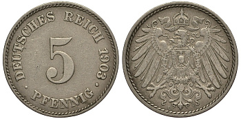 ГЕРМАНИЯ 5 ПФЕННИГОВ 1903 J, KM 11, J. 12 медно-никель 413-5413