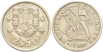 Португалия 2,5 эскудо 1980 парусник KM 590 медно-никель 4513-1153