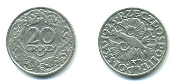 ПОЛЬША 20 ГРОШЕЙ 1923 KM 12 никель 4383-169