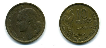 Франция 10 франков 1951 петух KM 915.1, Le Franc 363.4 алюминиевая бронза 58-452