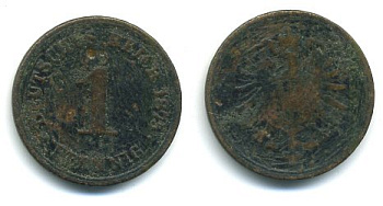 ГЕРМАНИЯ 1 ПФЕННИГ 1875 А, СТАРОГЕРБОВКА KM 1, J. 1 медь 29-243