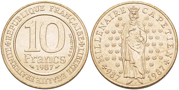 Франция 10 франков 1987 1000 лет первому королю Франции Гуго Капету KM 961 d, Le Franc 371.2 никелированная бронза 215-631