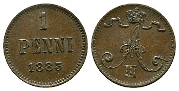 РОССИЯ ДЛЯ ФИНЛЯНДИИ 1 ПЕННИ 1883 АЛЕКСАНДР III KM 10, Биткин 251 медь 4383-438