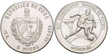 Куба 5 песо 1985 XIII чемпионат мира по футболу 1986 года в Мексике KM 123 серебро UNC 00-00