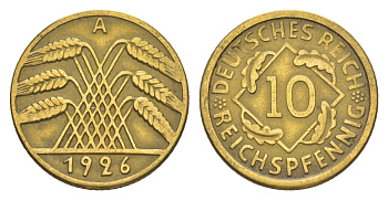 Германия 10 рейхспфеннигов 1926 A KM 40, J. 317 алюминиевая бронза 4549-666