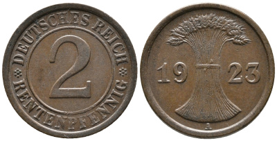 ГЕРМАНИЯ 2 РЕНТЕНПФЕННИГА 1923 A KM 31, J. 307 бронза 24-416