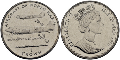 Остров Мэн 1 крона 1995 самолеты II-ой мировой войны, Дуглас DC-3 Дакота КМ 518 медно-никель UNC M80-11